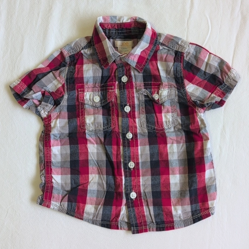 joe fresh red plaid cotton short sleeve button down shirt 3T toddler boys